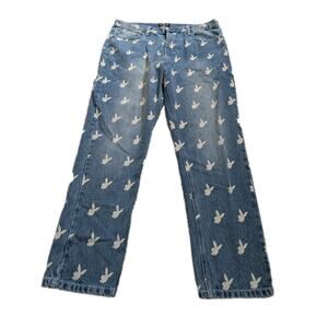 Playboy Jeans Womens Blue Denim Straight Leg Logo Spell Out Embroidery 36X31